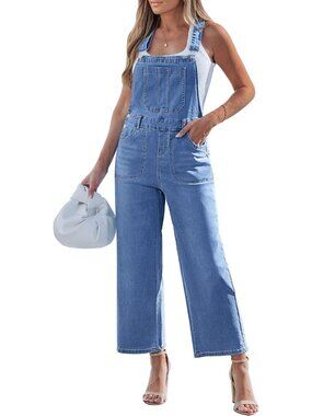 Women's Medium Blue Cropped Denim Overalls  Loose Fit Wide Leg Jean Jumpsuit